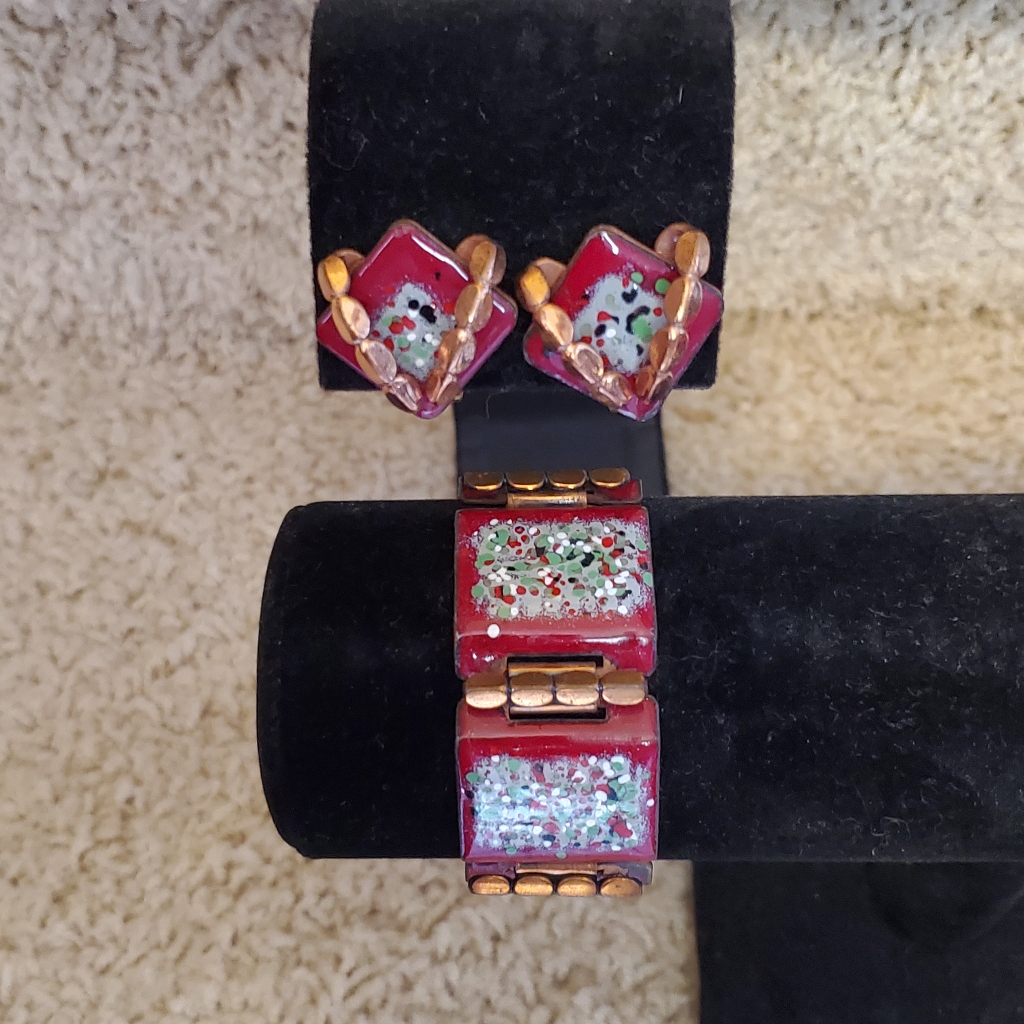 Vtg 50's Matisse Red Enameled Copper Bracelet & Earrings